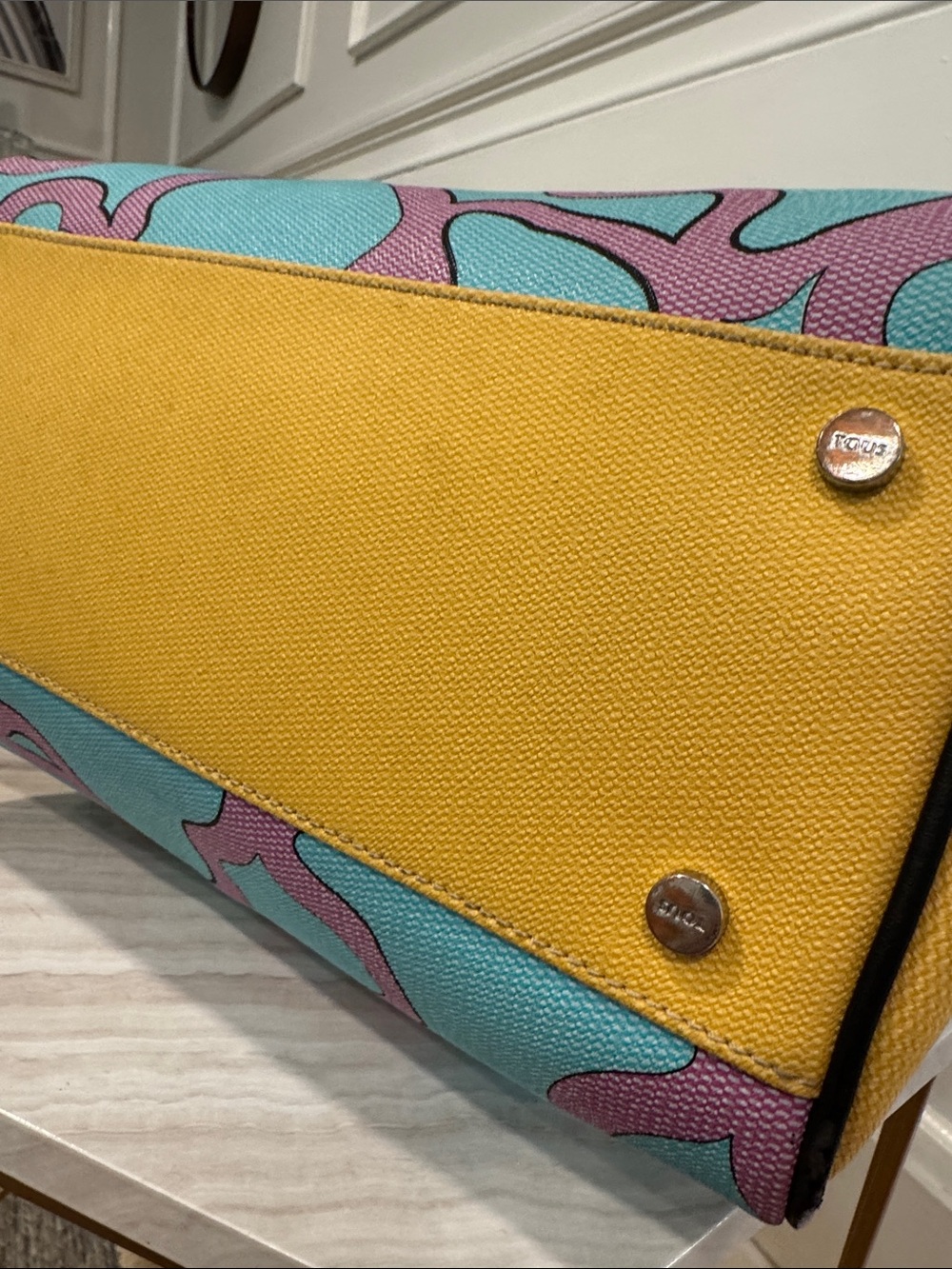 TOUS Bag Celeste Aqua Blue & Pink Patterned Satchel Bag - Picture 9 of 17